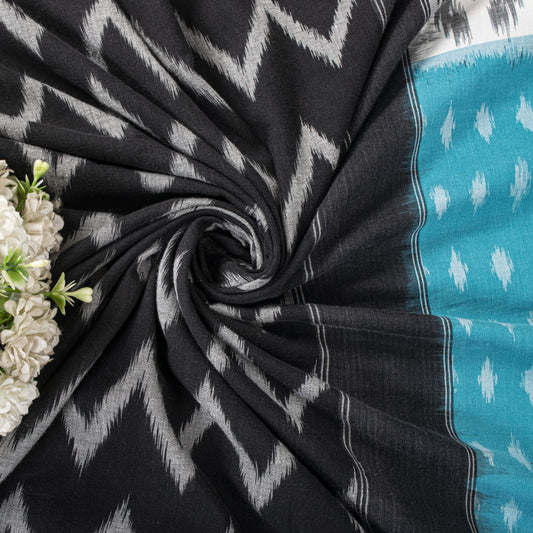 Sanskriti Vintage Saree Blue-Black Pure Cotton Ikat Hand Woven Pochampally Sari