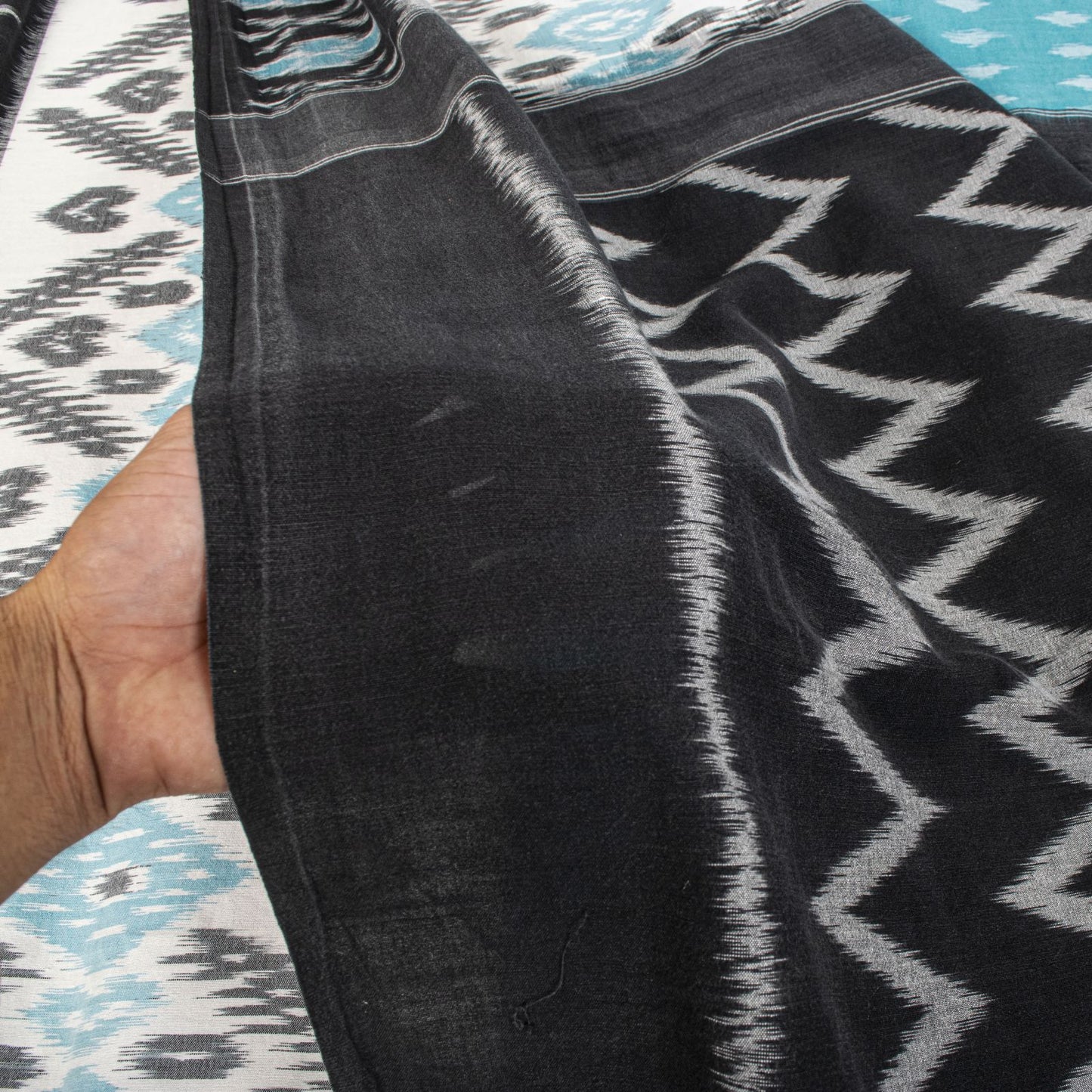 Sanskriti Vintage Saree Blue-Black Pure Cotton Ikat Hand Woven Pochampally Sari