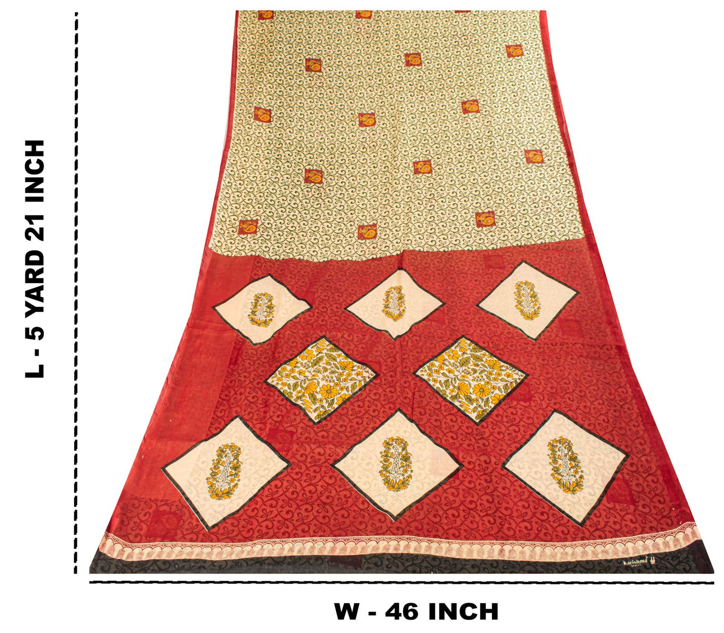 Sanskriti Vintage Saree Cream-Red Pure Cotton Peacock Print Sari Fabric 5+Yard