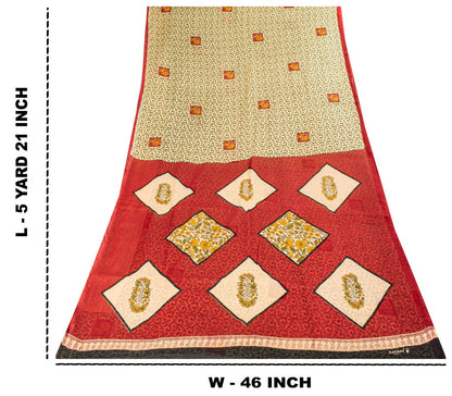 Sanskriti Vintage Saree Cream-Red Pure Cotton Peacock Print Sari Fabric 5+Yard