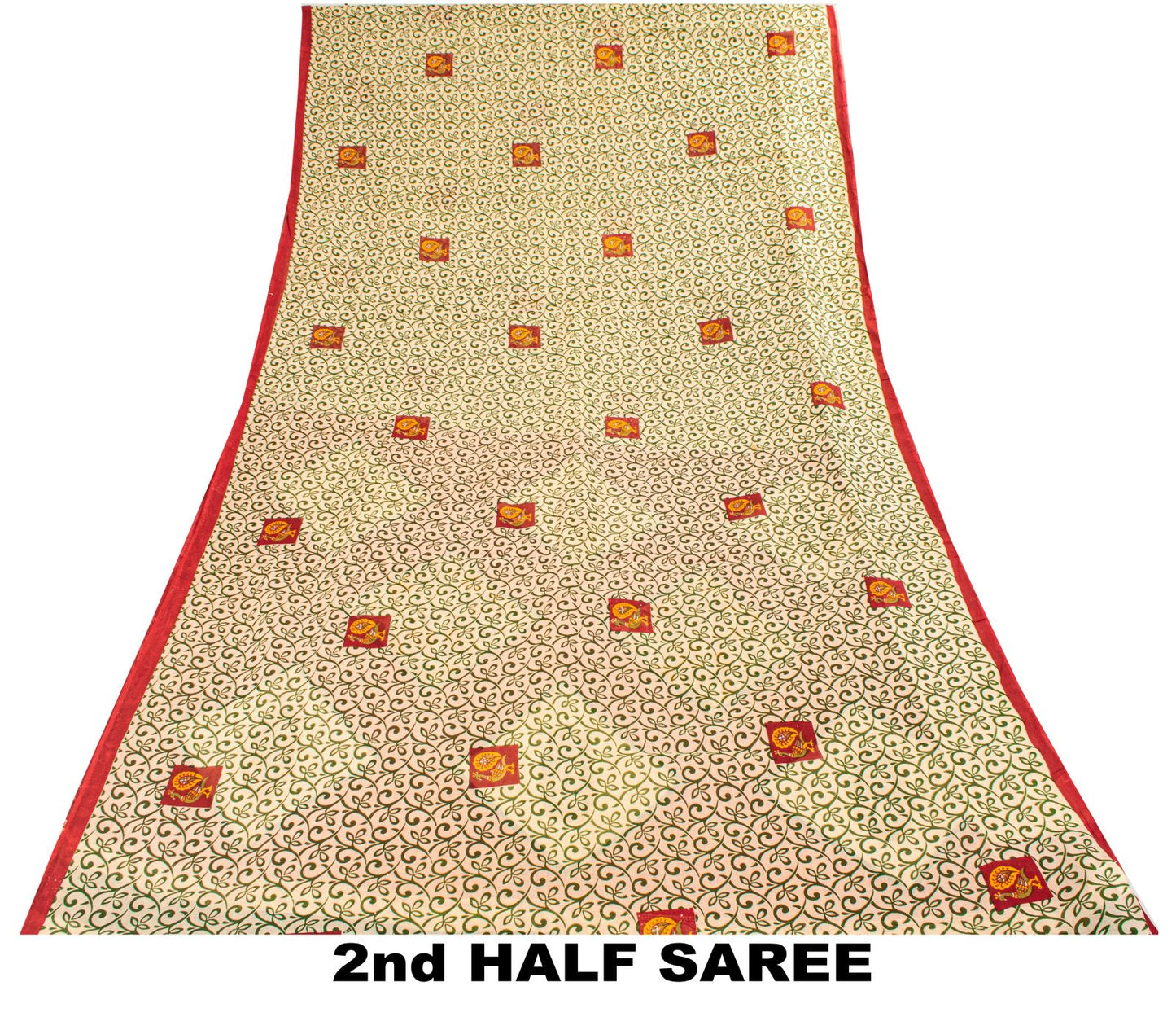 Sanskriti Vintage Saree Cream-Red Pure Cotton Peacock Print Sari Fabric 5+Yard