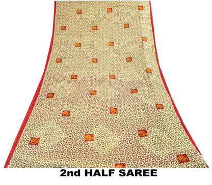 Sanskriti Vintage Saree Cream-Red Pure Cotton Peacock Print Sari Fabric 5+Yard