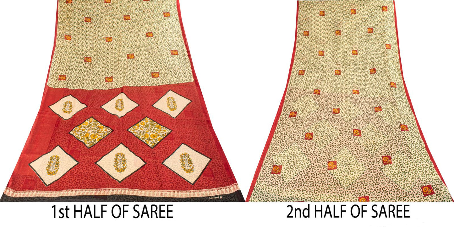 Sanskriti Vintage Saree Cream-Red Pure Cotton Peacock Print Sari Fabric 5+Yard