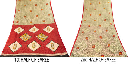 Sanskriti Vintage Saree Cream-Red Pure Cotton Peacock Print Sari Fabric 5+Yard