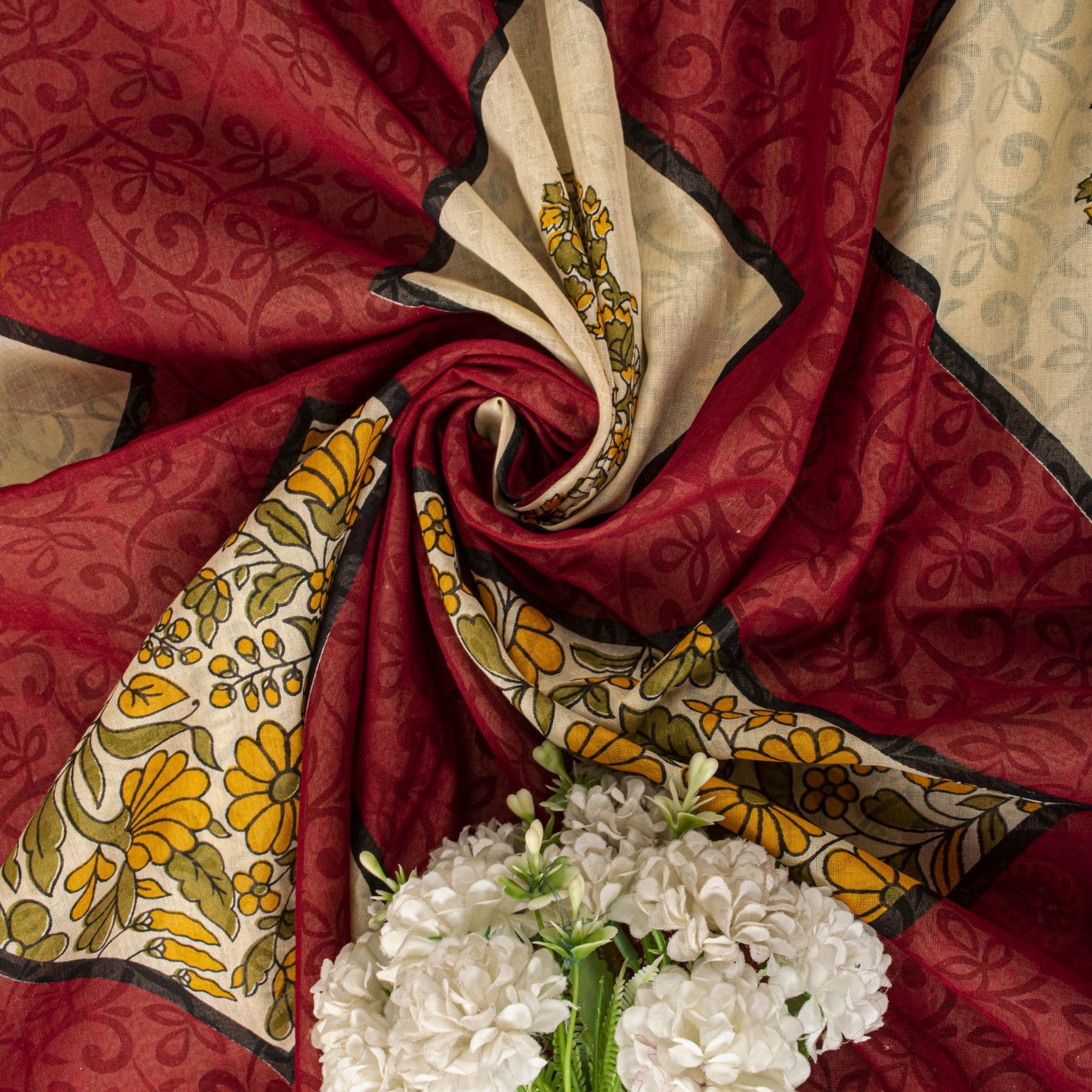 Sanskriti Vintage Saree Cream-Red Pure Cotton Peacock Print Sari Fabric 5+Yard