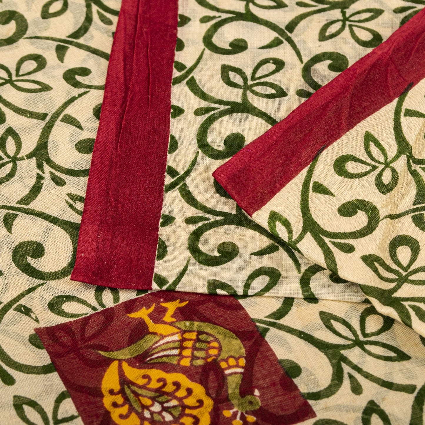 Sanskriti Vintage Saree Cream-Red Pure Cotton Peacock Print Sari Fabric 5+Yard