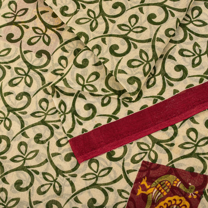 Sanskriti Vintage Saree Cream-Red Pure Cotton Peacock Print Sari Fabric 5+Yard