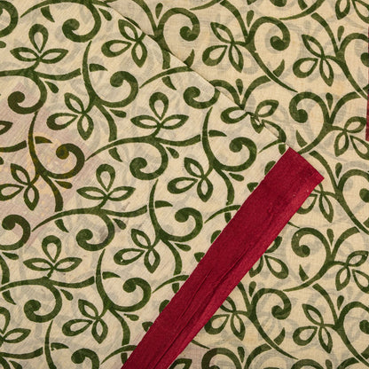 Sanskriti Vintage Saree Cream-Red Pure Cotton Peacock Print Sari Fabric 5+Yard
