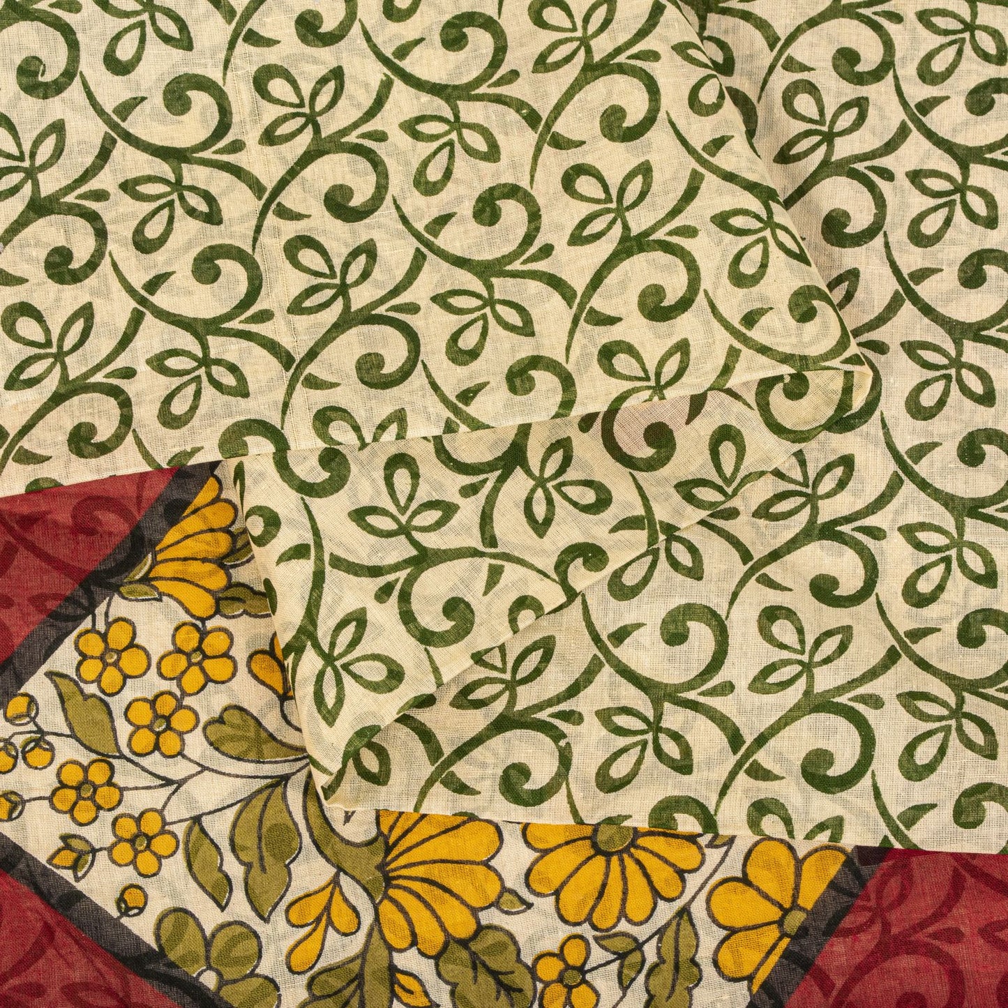 Sanskriti Vintage Saree Cream-Red Pure Cotton Peacock Print Sari Fabric 5+Yard