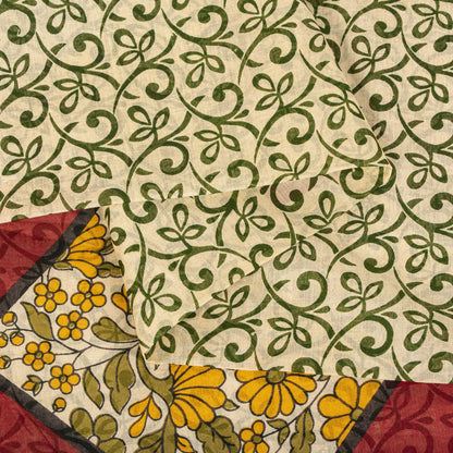 Sanskriti Vintage Saree Cream-Red Pure Cotton Peacock Print Sari Fabric 5+Yard