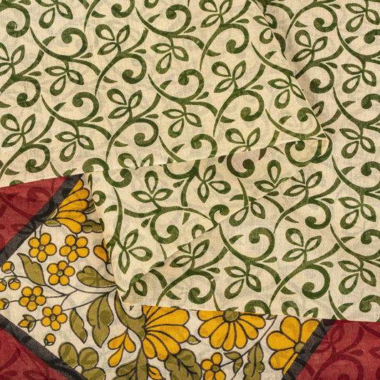 Sanskriti Vintage Saree Cream-Red Pure Cotton Peacock Print Sari Fabric 5+Yard