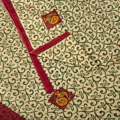 Sanskriti Vintage Saree Cream-Red Pure Cotton Peacock Print Sari Fabric 5+Yard