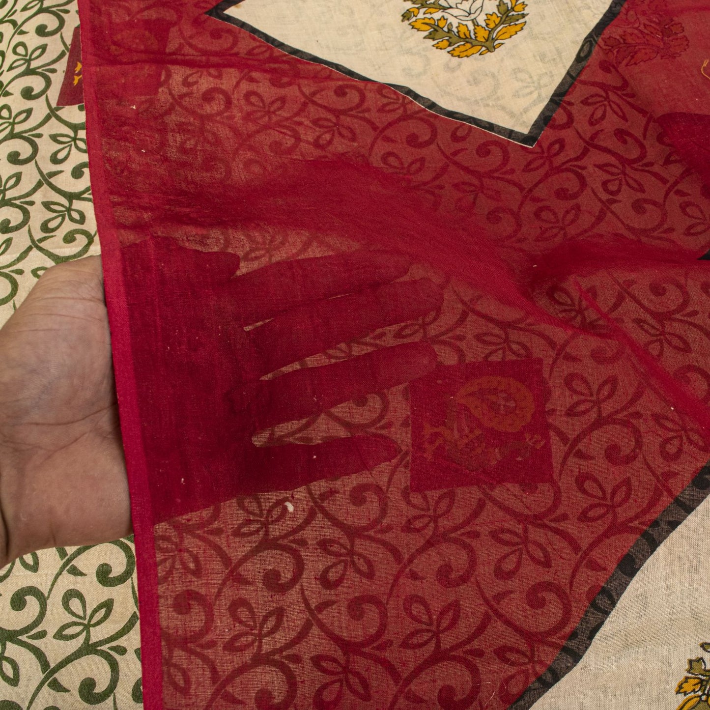Sanskriti Vintage Saree Cream-Red Pure Cotton Peacock Print Sari Fabric 5+Yard