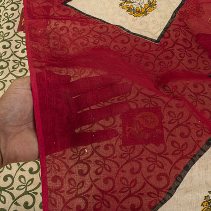 Sanskriti Vintage Saree Cream-Red Pure Cotton Peacock Print Sari Fabric 5+Yard