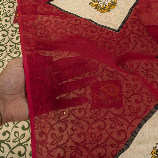 Sanskriti Vintage Saree Cream-Red Pure Cotton Peacock Print Sari Fabric 5+Yard