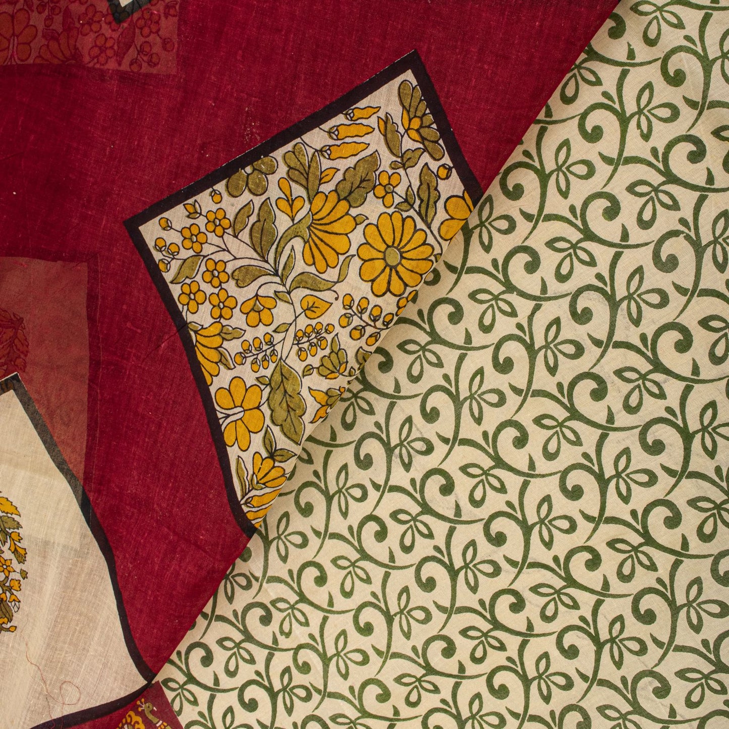 Sanskriti Vintage Saree Cream-Red Pure Cotton Peacock Print Sari Fabric 5+Yard