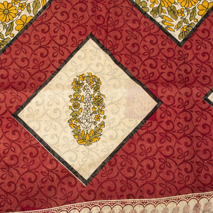 Sanskriti Vintage Saree Cream-Red Pure Cotton Peacock Print Sari Fabric 5+Yard