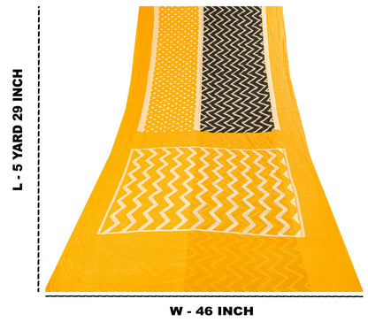 Sanskriti Vintage Saree Yellow-Black Pure Cotton Print Sari Craft Fabric 5+Yard