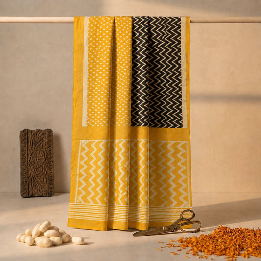Sanskriti Vintage Saree Yellow-Black Pure Cotton Print Sari Craft Fabric 5+Yard