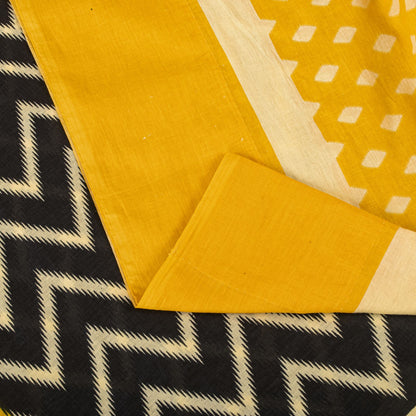 Sanskriti Vintage Saree Yellow-Black Pure Cotton Print Sari Craft Fabric 5+Yard