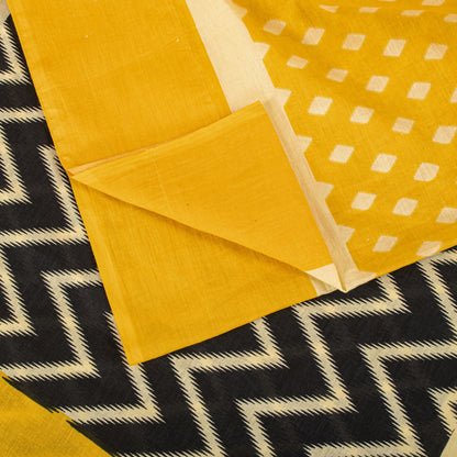 Sanskriti Vintage Saree Yellow-Black Pure Cotton Print Sari Craft Fabric 5+Yard