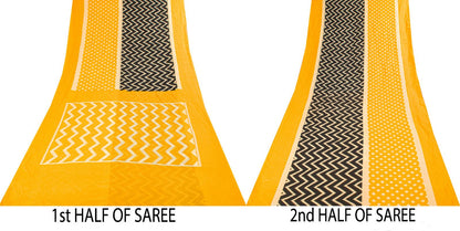 Sanskriti Vintage Saree Yellow-Black Pure Cotton Print Sari Craft Fabric 5+Yard
