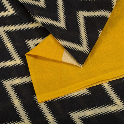 Sanskriti Vintage Saree Yellow-Black Pure Cotton Print Sari Craft Fabric 5+Yard