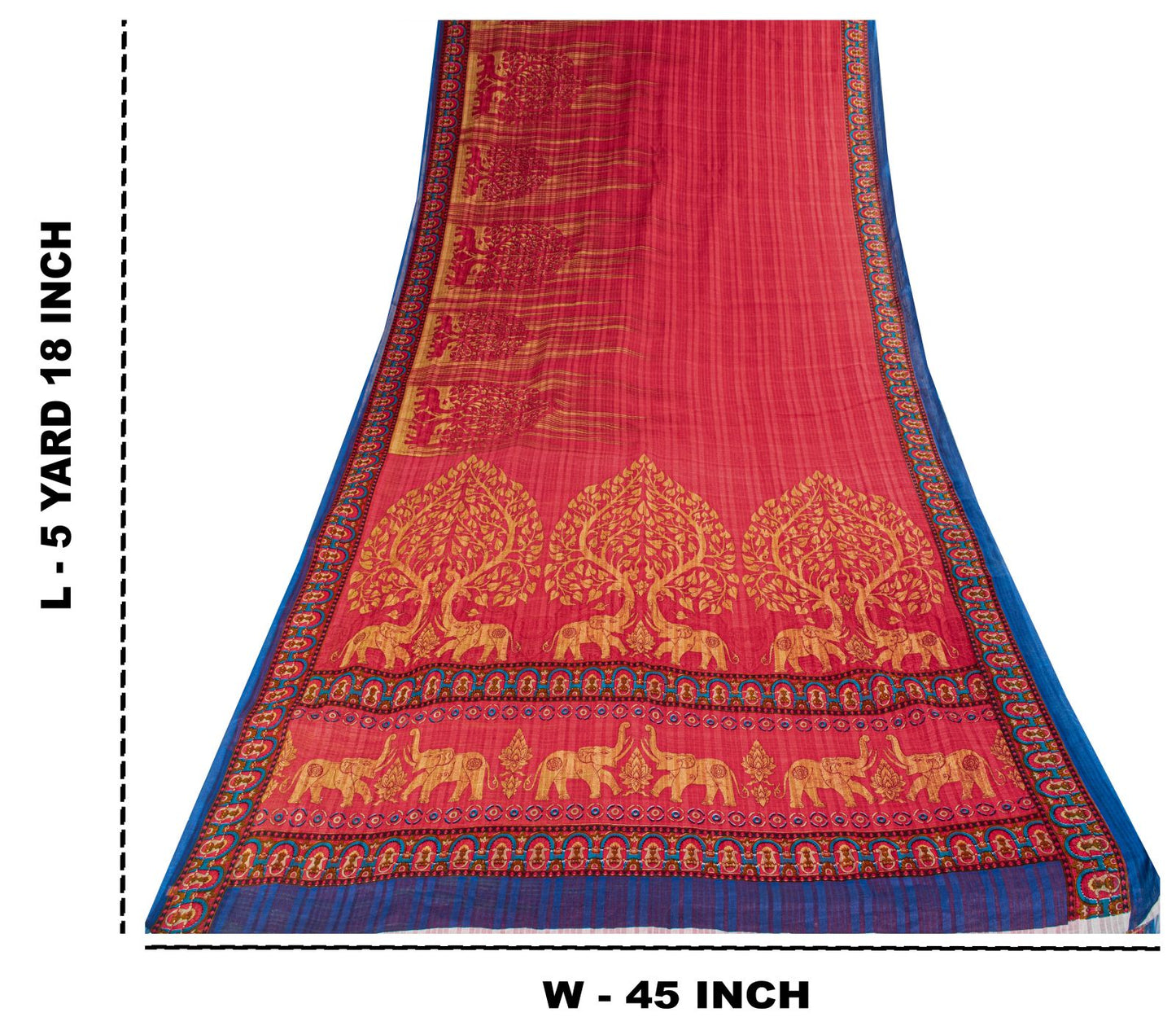 Sanskriti Vintage Saree Red Pure Cotton Elephant Print Sari Craft Fabric 5+Yard