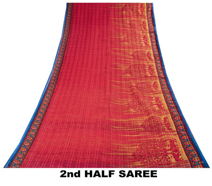 Sanskriti Vintage Saree Red Pure Cotton Elephant Print Sari Craft Fabric 5+Yard