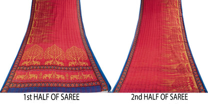 Sanskriti Vintage Saree Red Pure Cotton Elephant Print Sari Craft Fabric 5+Yard