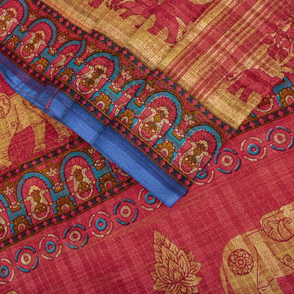 Sanskriti Vintage Saree Red Pure Cotton Elephant Print Sari Craft Fabric 5+Yard
