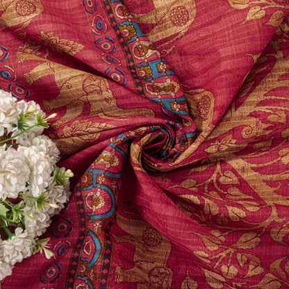 Sanskriti Vintage Saree Red Pure Cotton Elephant Print Sari Craft Fabric 5+Yard
