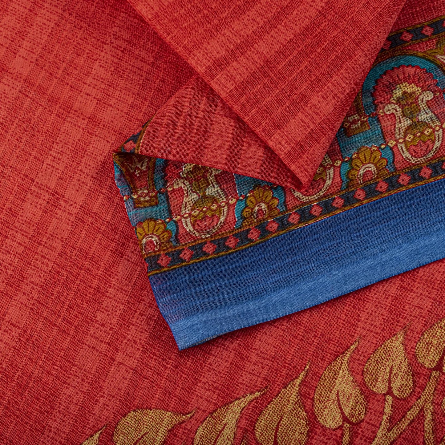 Sanskriti Vintage Saree Red Pure Cotton Elephant Print Sari Craft Fabric 5+Yard