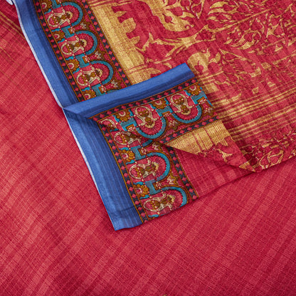 Sanskriti Vintage Saree Red Pure Cotton Elephant Print Sari Craft Fabric 5+Yard