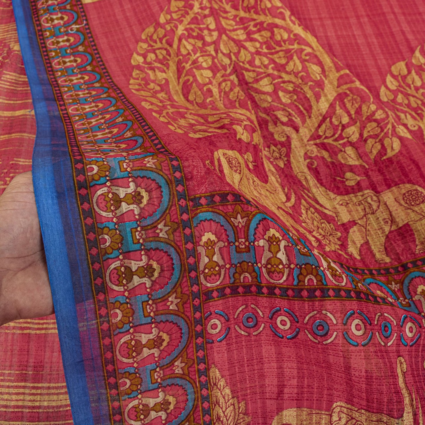 Sanskriti Vintage Saree Red Pure Cotton Elephant Print Sari Craft Fabric 5+Yard