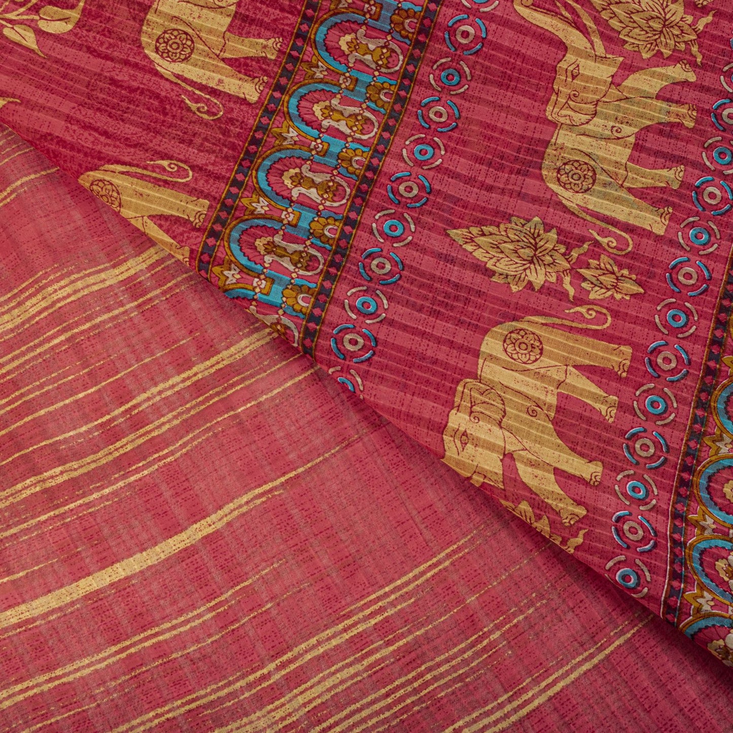 Sanskriti Vintage Saree Red Pure Cotton Elephant Print Sari Craft Fabric 5+Yard