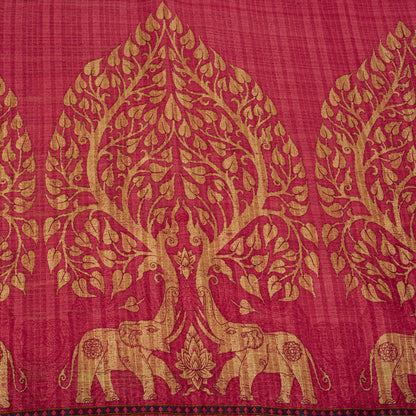 Sanskriti Vintage Saree Red Pure Cotton Elephant Print Sari Craft Fabric 5+Yard