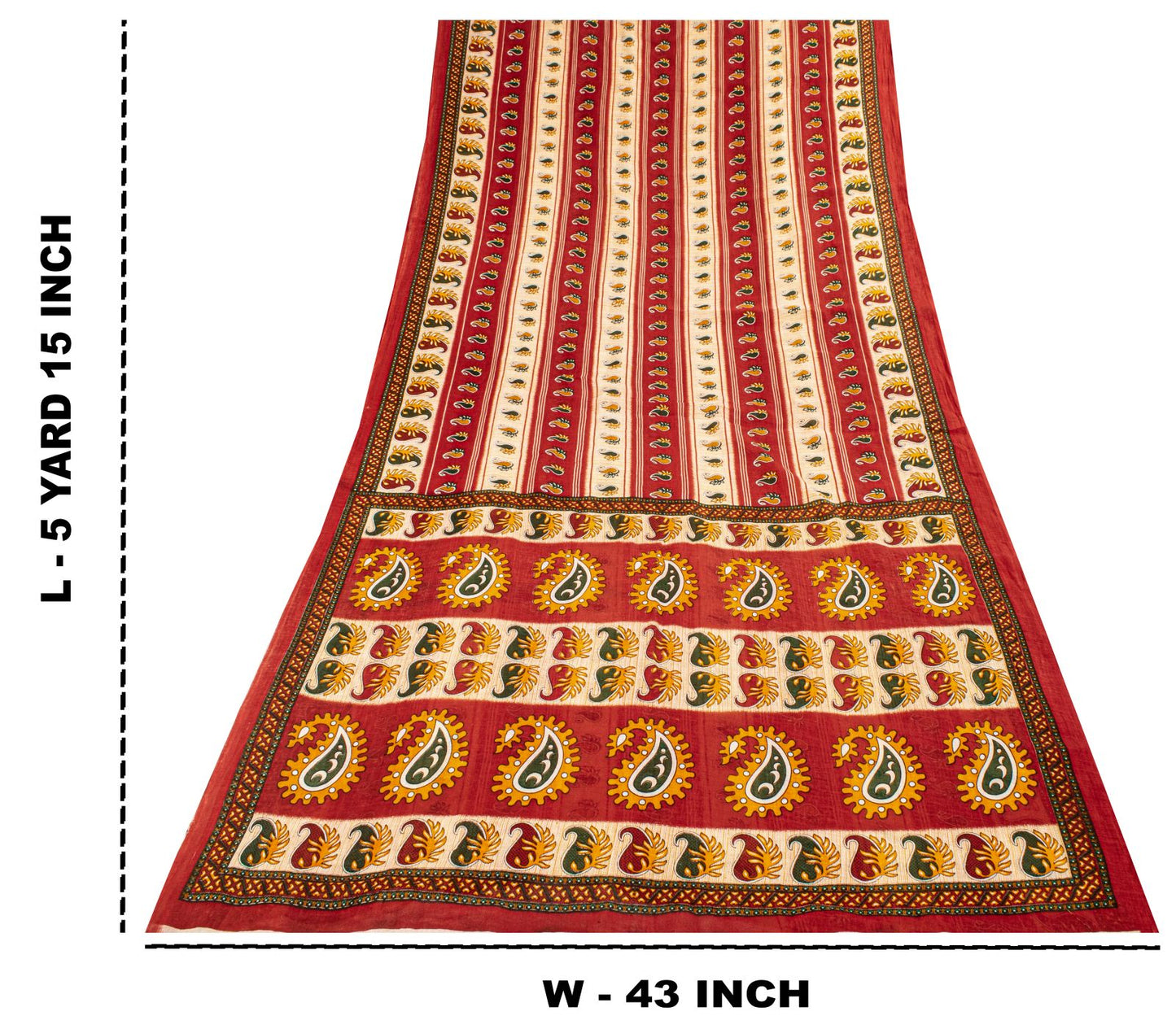 Sanskriti Vintage Saree Red Pure Cotton Paisley Printed Sari Craft Fabric 5+Yard