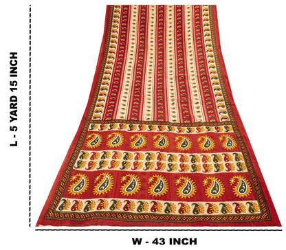Sanskriti Vintage Saree Red Pure Cotton Paisley Printed Sari Craft Fabric 5+Yard