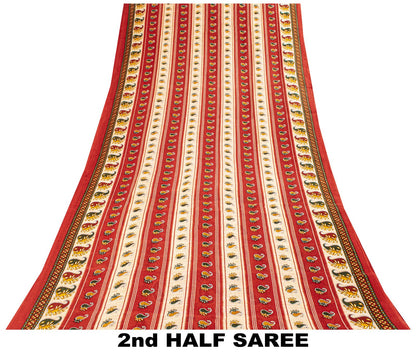 Sanskriti Vintage Saree Red Pure Cotton Paisley Printed Sari Craft Fabric 5+Yard