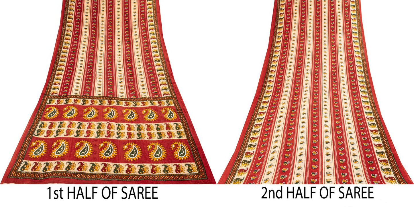 Sanskriti Vintage Saree Red Pure Cotton Paisley Printed Sari Craft Fabric 5+Yard