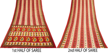 Sanskriti Vintage Saree Red Pure Cotton Paisley Printed Sari Craft Fabric 5+Yard