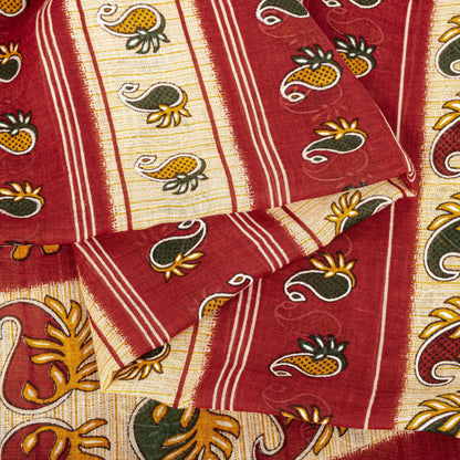 Sanskriti Vintage Saree Red Pure Cotton Paisley Printed Sari Craft Fabric 5+Yard