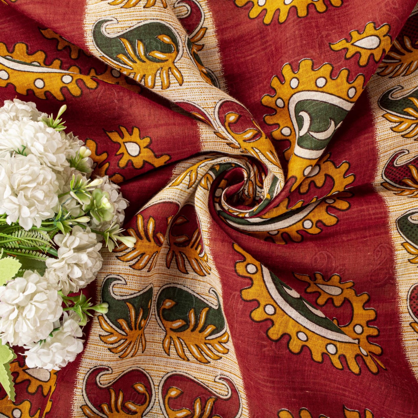 Sanskriti Vintage Saree Red Pure Cotton Paisley Printed Sari Craft Fabric 5+Yard