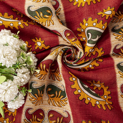 Sanskriti Vintage Saree Red Pure Cotton Paisley Printed Sari Craft Fabric 5+Yard