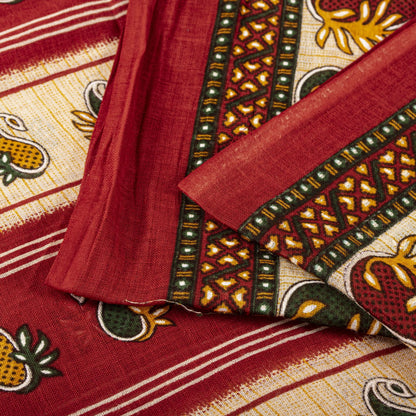 Sanskriti Vintage Saree Red Pure Cotton Paisley Printed Sari Craft Fabric 5+Yard