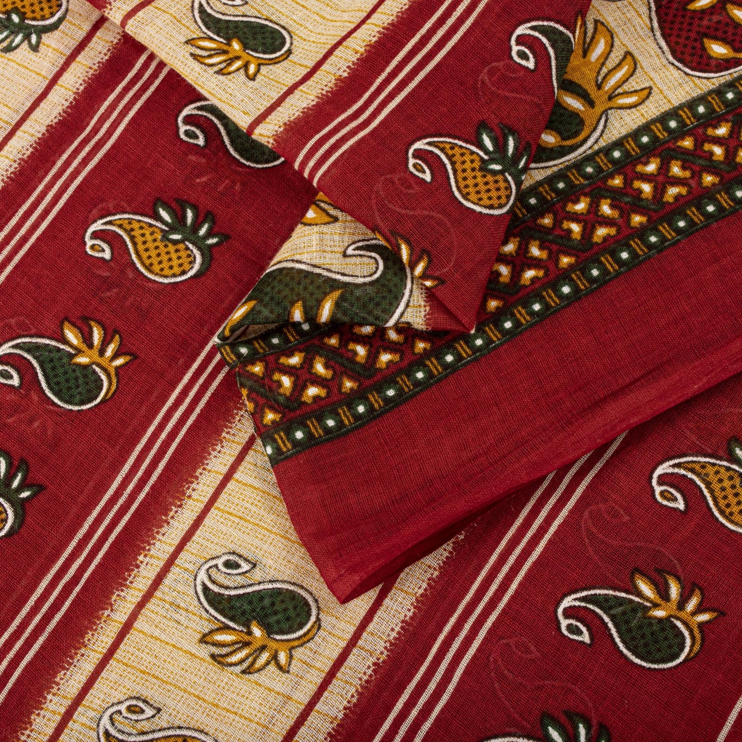 Sanskriti Vintage Saree Red Pure Cotton Paisley Printed Sari Craft Fabric 5+Yard