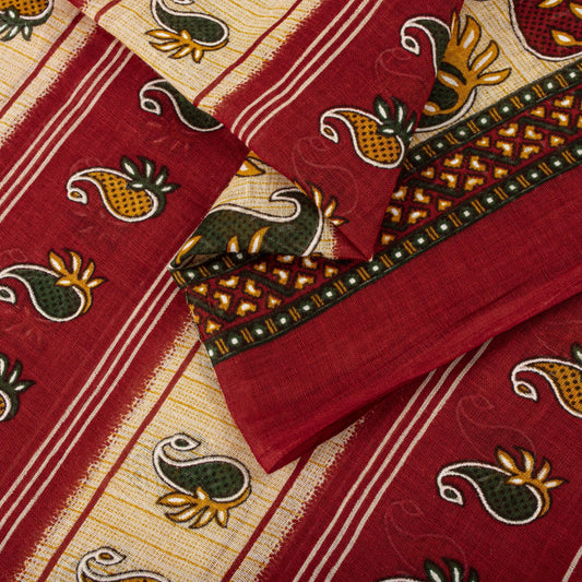 Sanskriti Vintage Saree Red Pure Cotton Paisley Printed Sari Craft Fabric 5+Yard