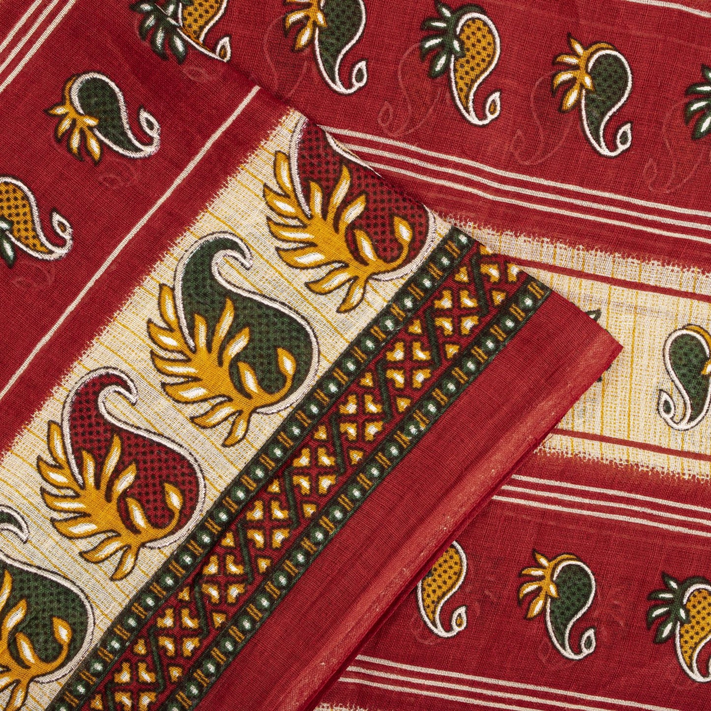 Sanskriti Vintage Saree Red Pure Cotton Paisley Printed Sari Craft Fabric 5+Yard
