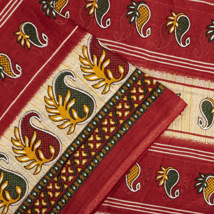 Sanskriti Vintage Saree Red Pure Cotton Paisley Printed Sari Craft Fabric 5+Yard